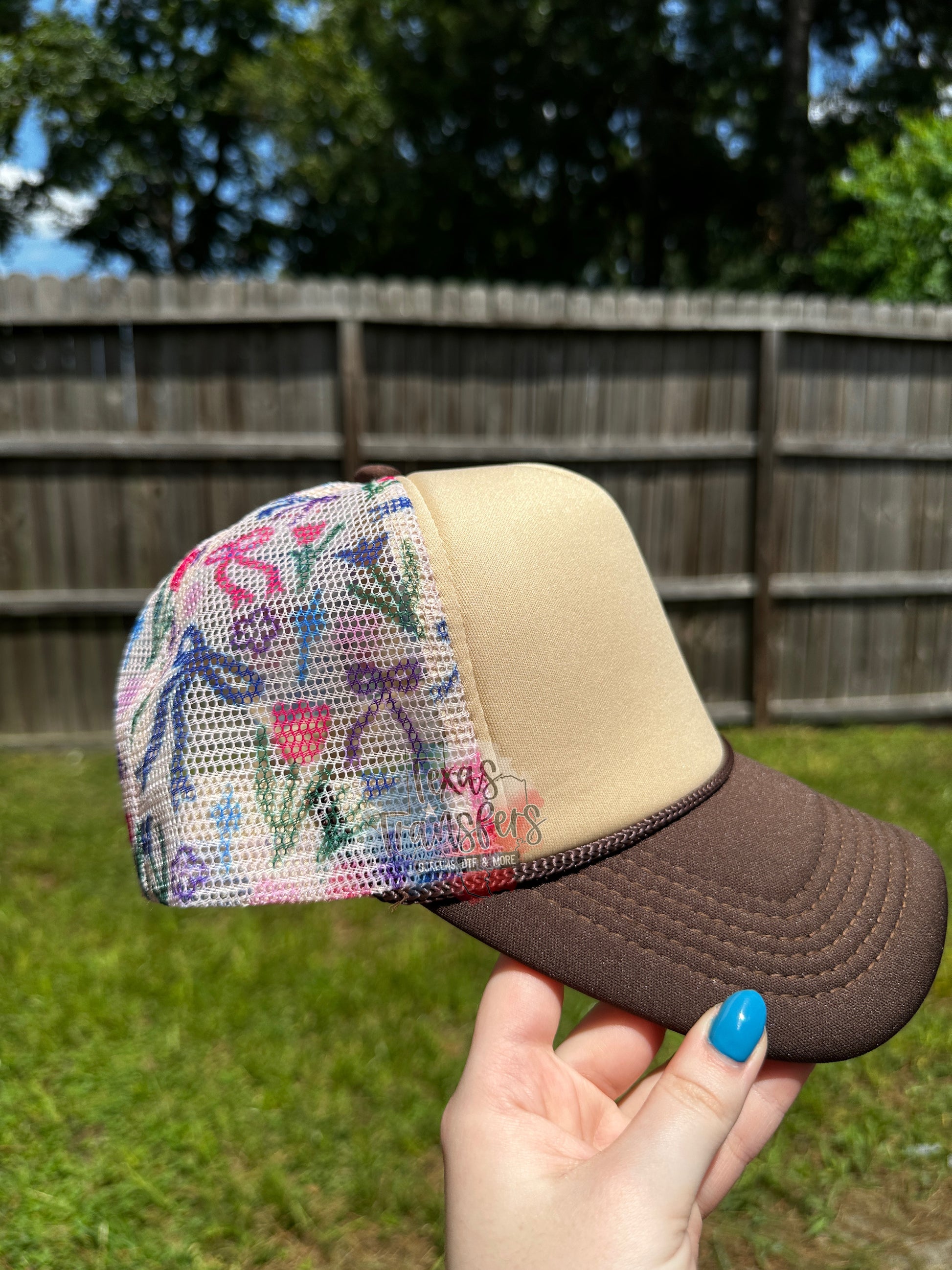 Floral Bow/Tan Trucker Hat - Texas Transfers and Designs