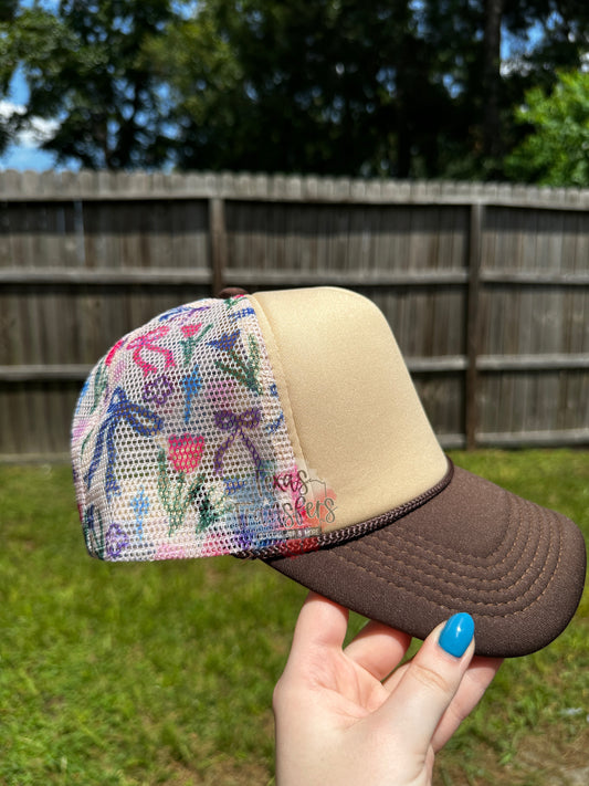 Floral Bow/Tan Trucker Hat - Texas Transfers and Designs