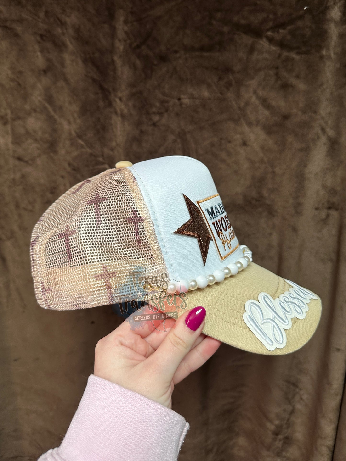 Tan/White Cross Trucker Hat