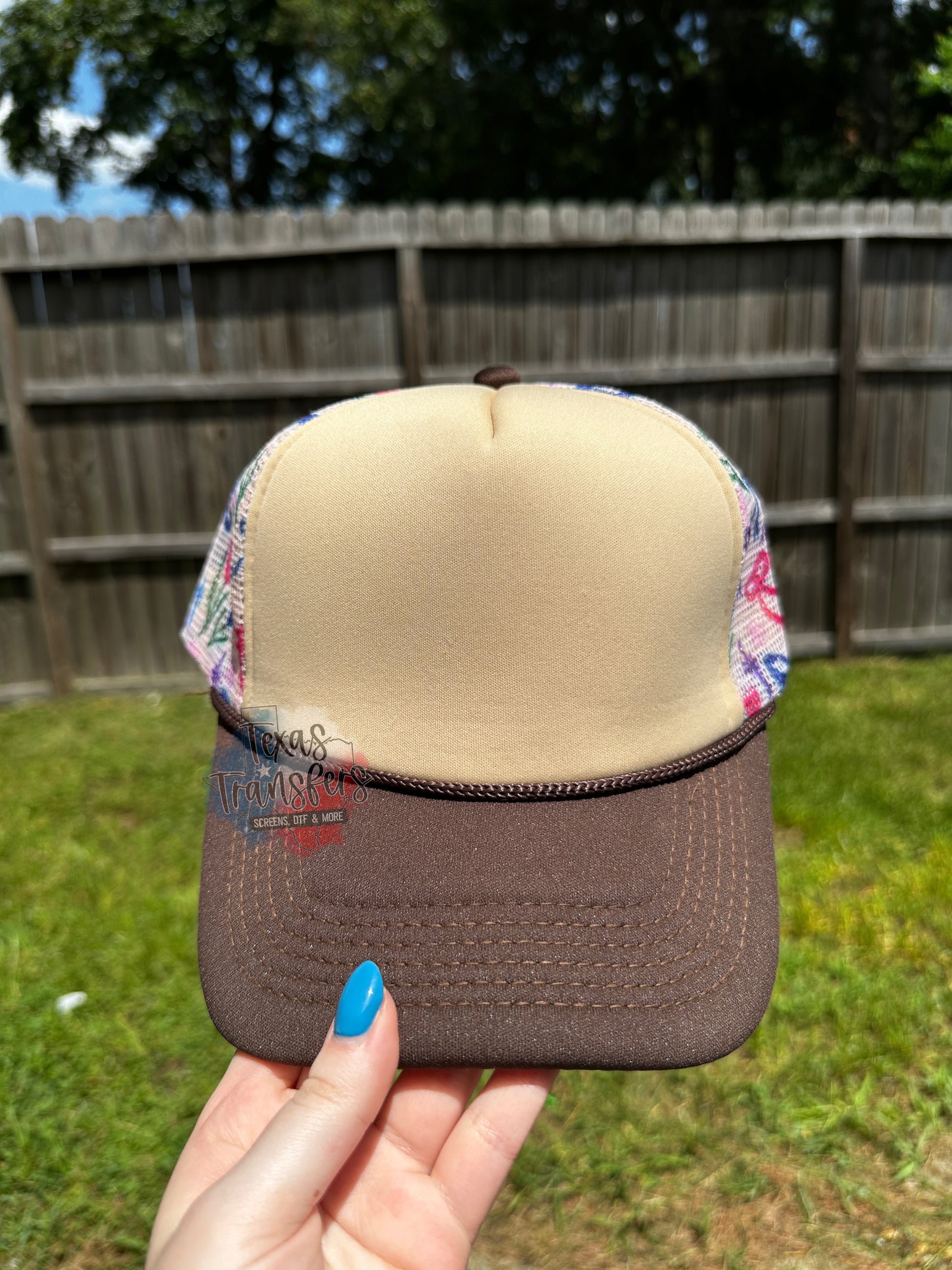 Floral Bow/Tan Trucker Hat - Texas Transfers and Designs