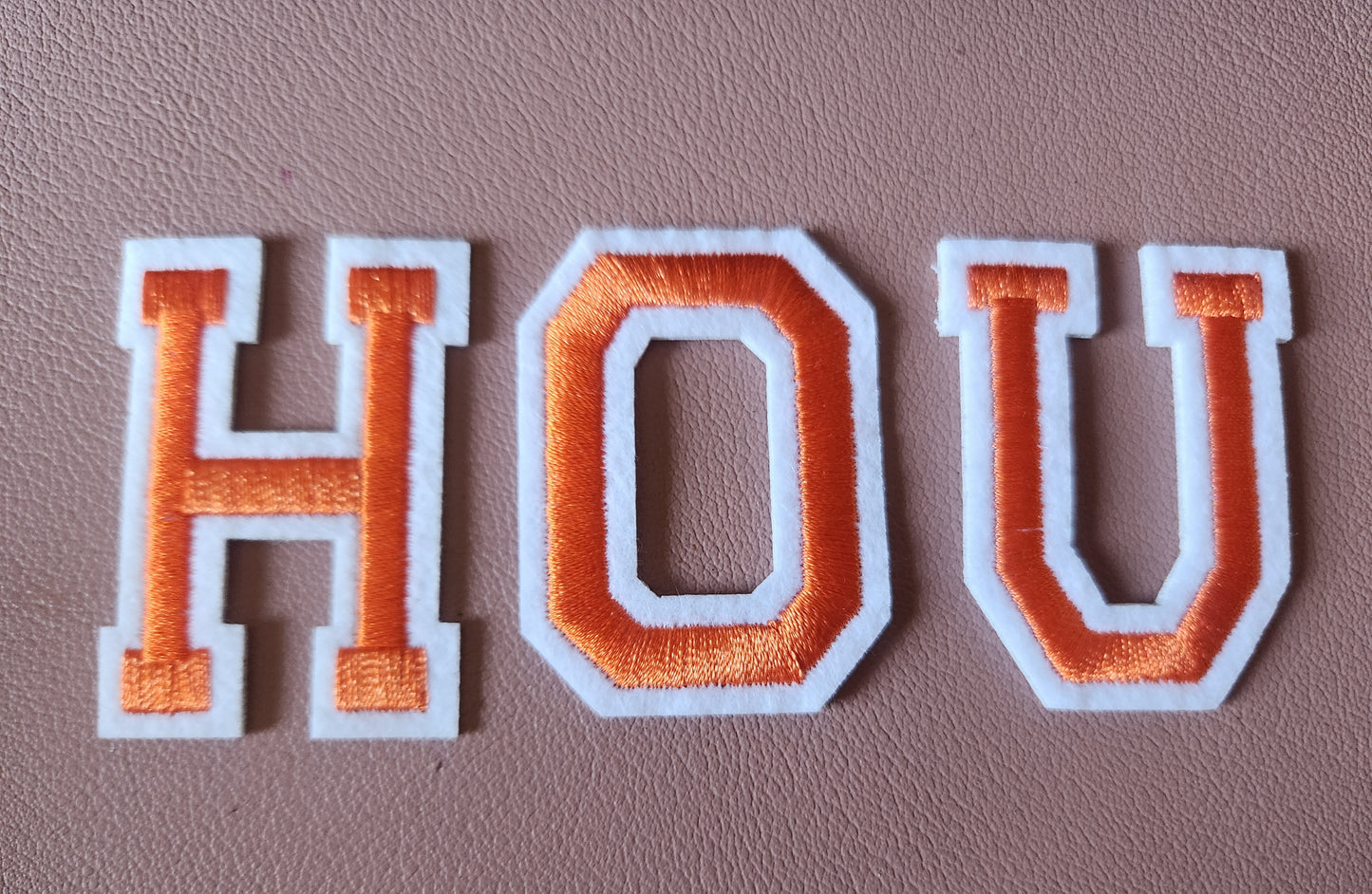 HOU Orange Letters Iron-On PATCH - Texas Transfers and Designs
