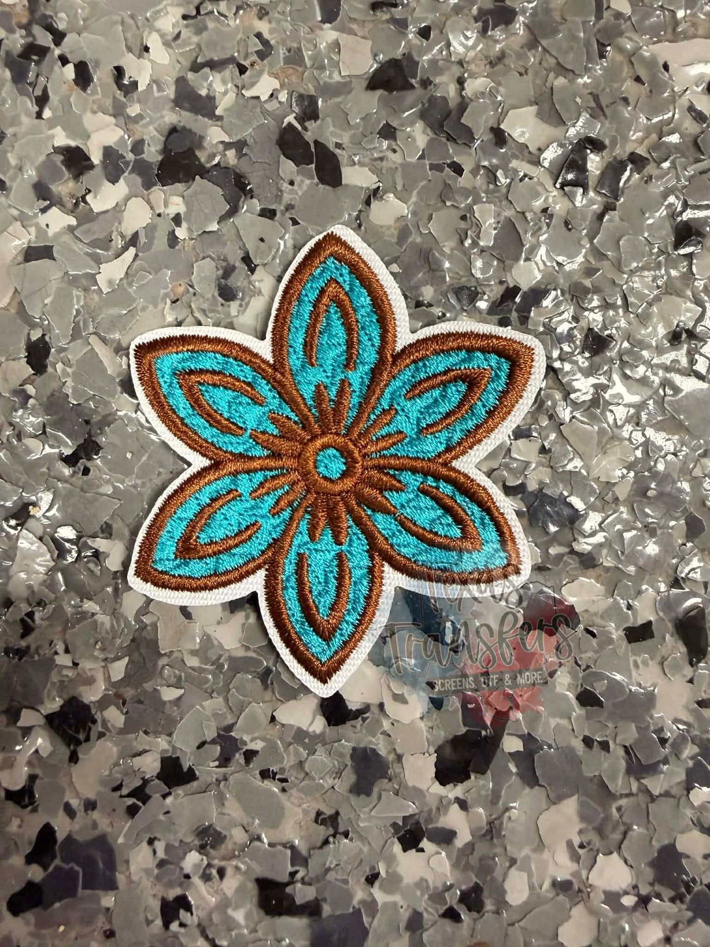 Turquoise and Brown Flower Iron-On Patch - Texas Transfers and Designs