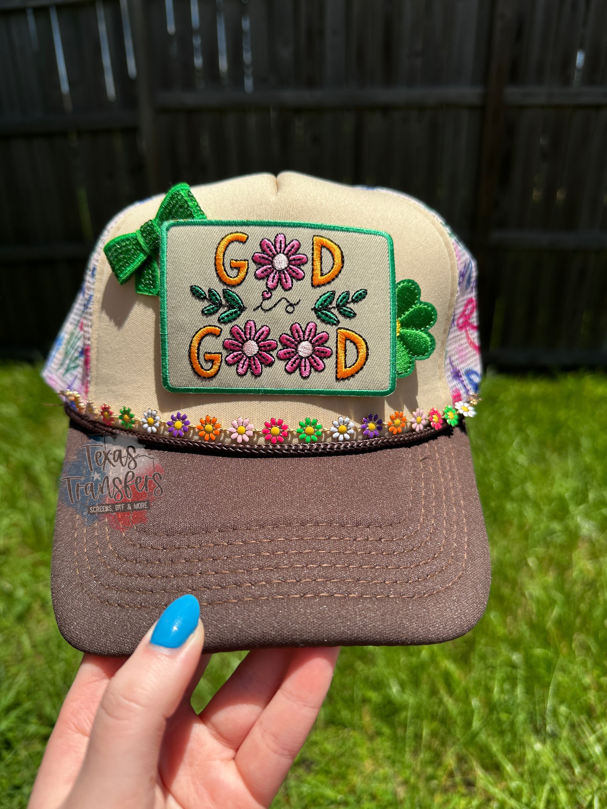 Floral Bow/Tan Trucker Hat - Texas Transfers and Designs