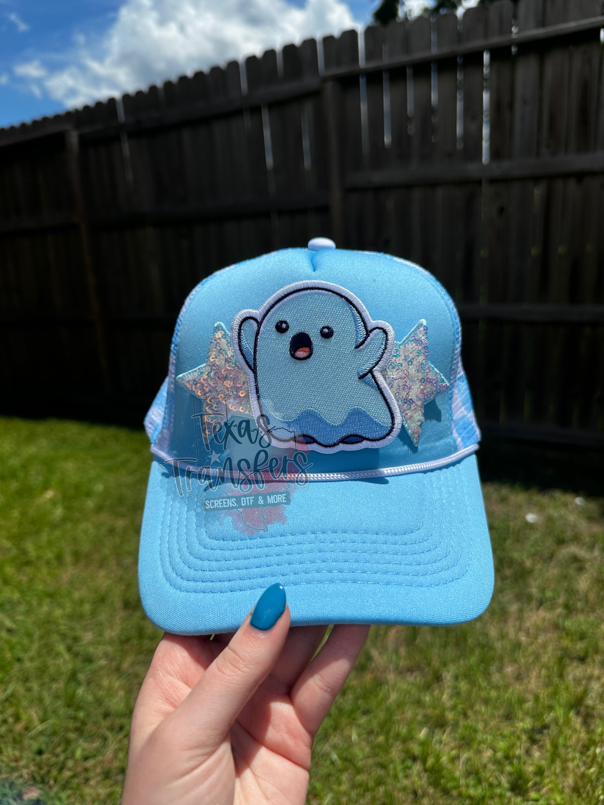 Light Blue Checker Back Trucker Hat - Texas Transfers and Designs