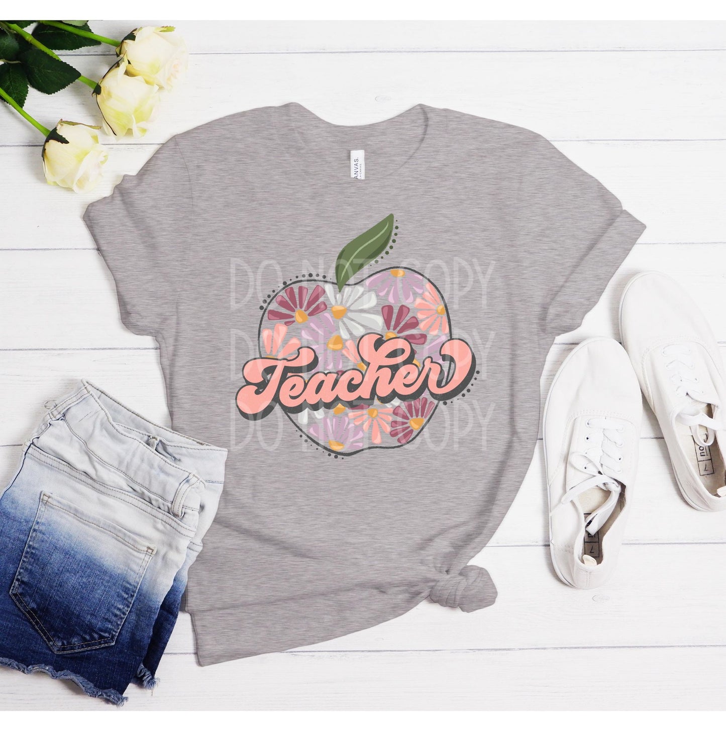 Teacher Floral Apple DTF - Texas Transfers and Designs