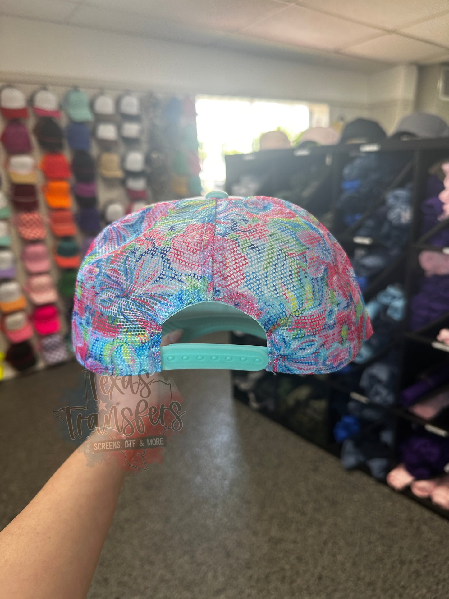 Floral Mesh/ Mint Brim Trucker Hat - Texas Transfers and Designs