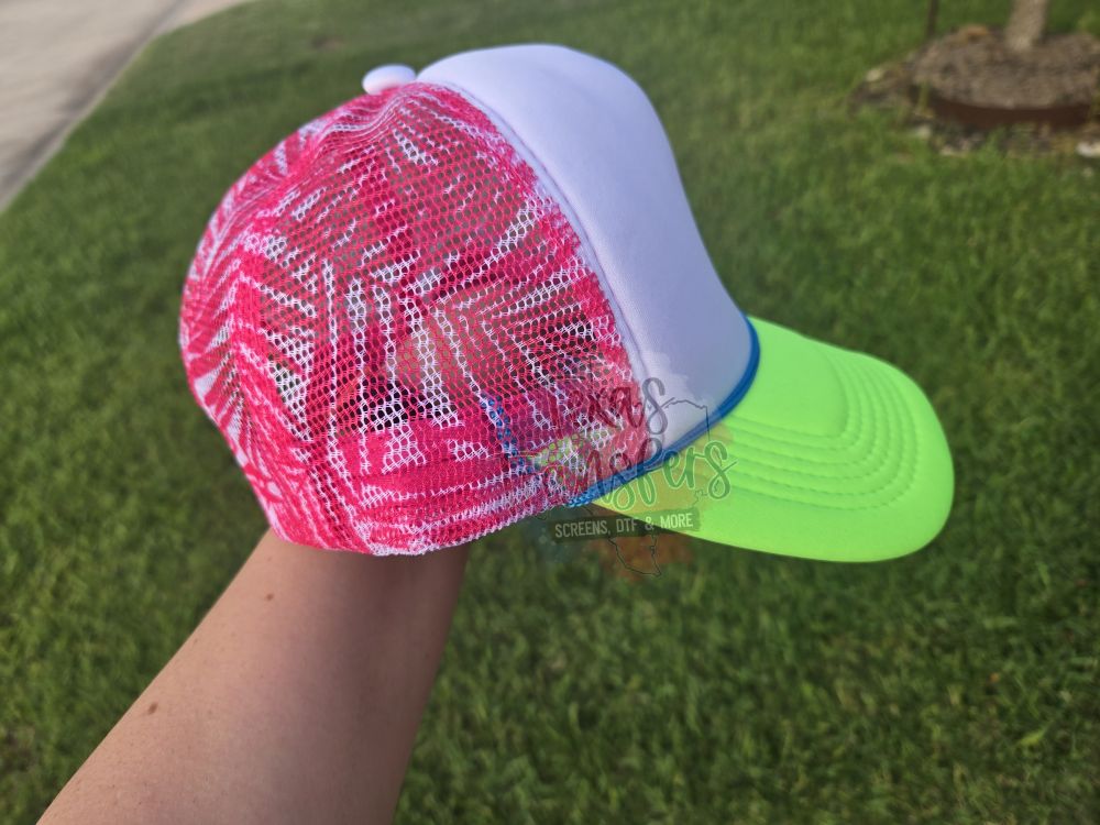 Neon Green/Pink Palm Leaves Trucker Hat - Texas Transfers and Designs