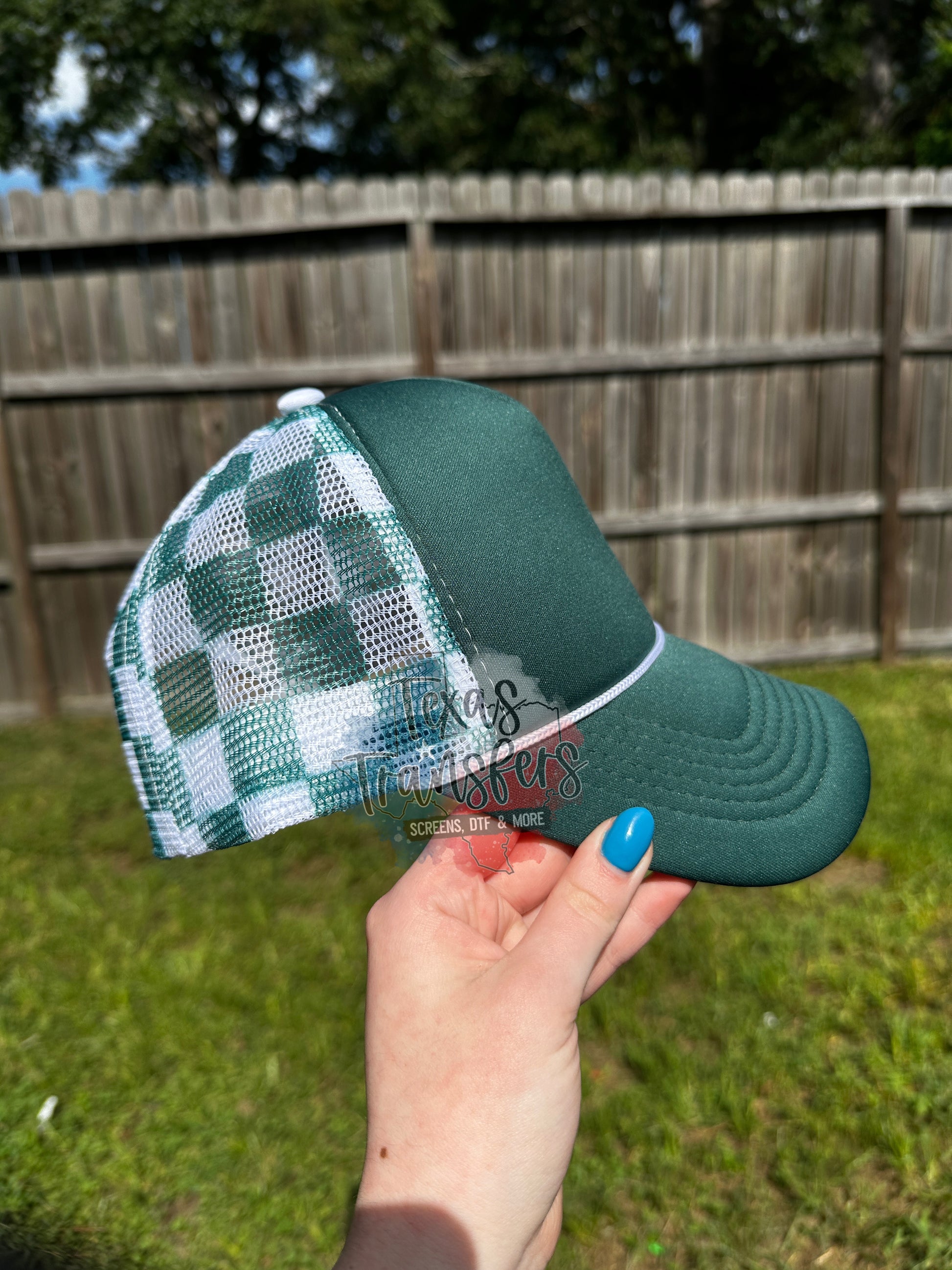 Forest Green Checker Back Trucker Hat - Texas Transfers and Designs