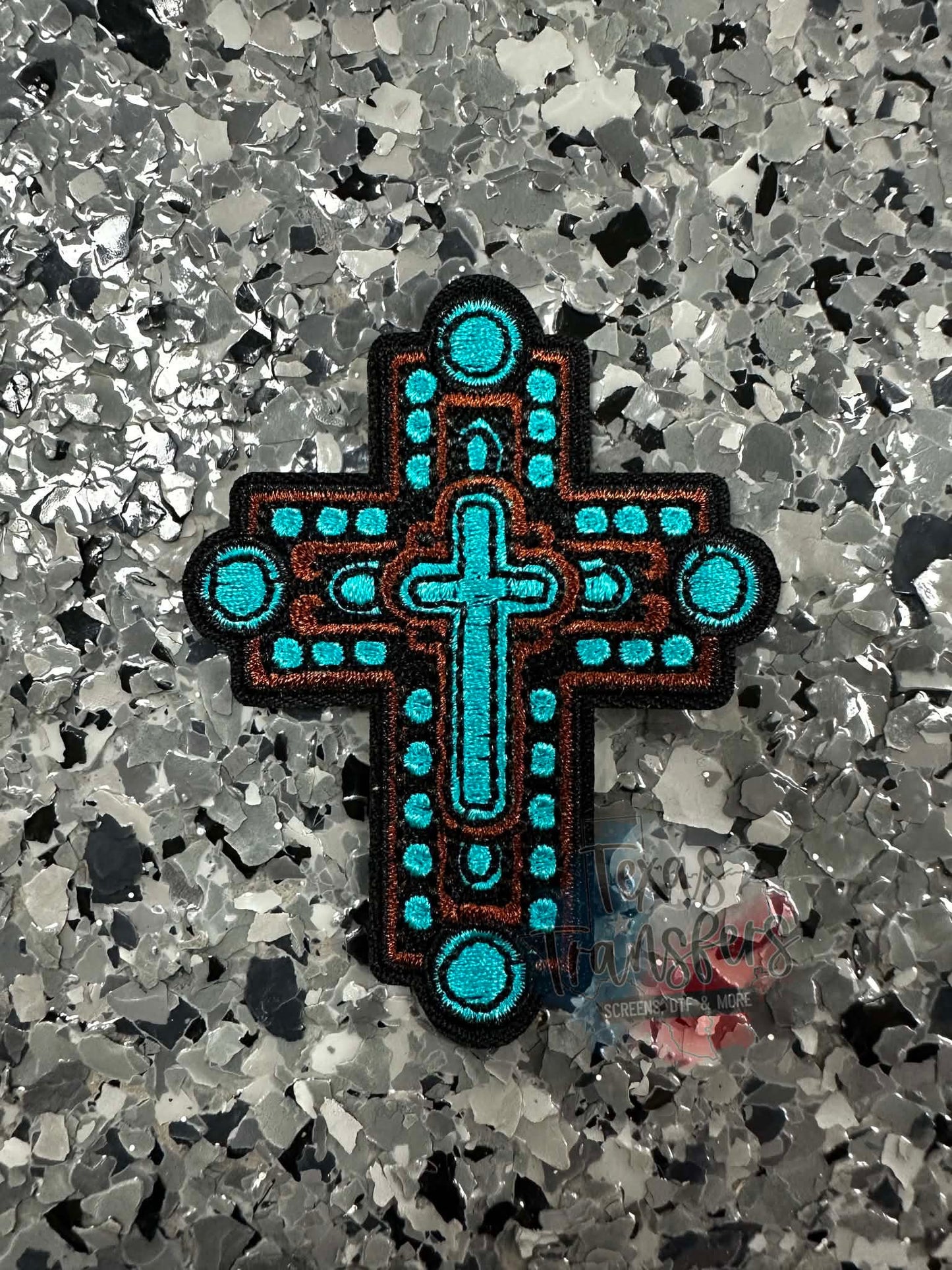 Turquoise and Brown Cross Iron-On Patch