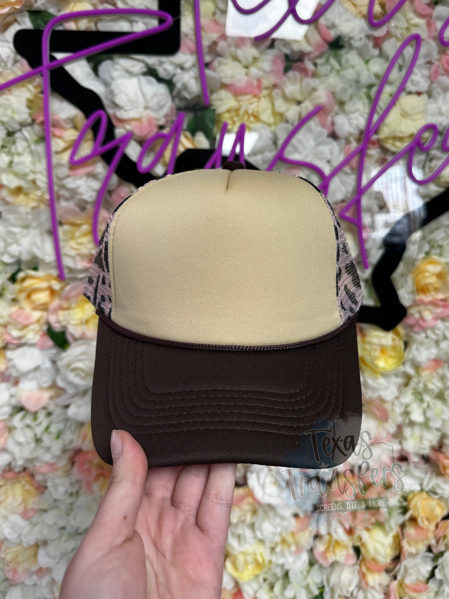Cow Print/Brown Bill Trucker Hat - Texas Transfers and Designs