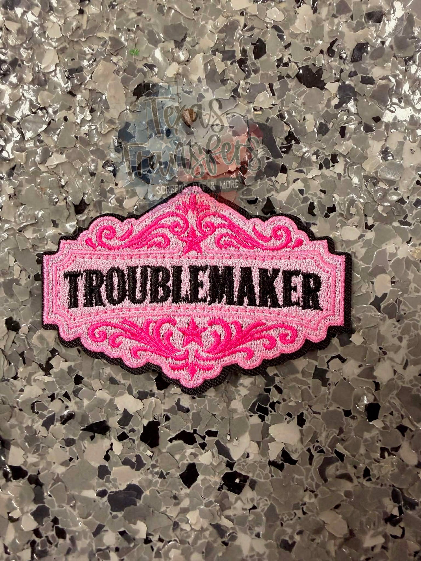 Troublemaker Pink Iron-On Patch - Texas Transfers and Designs