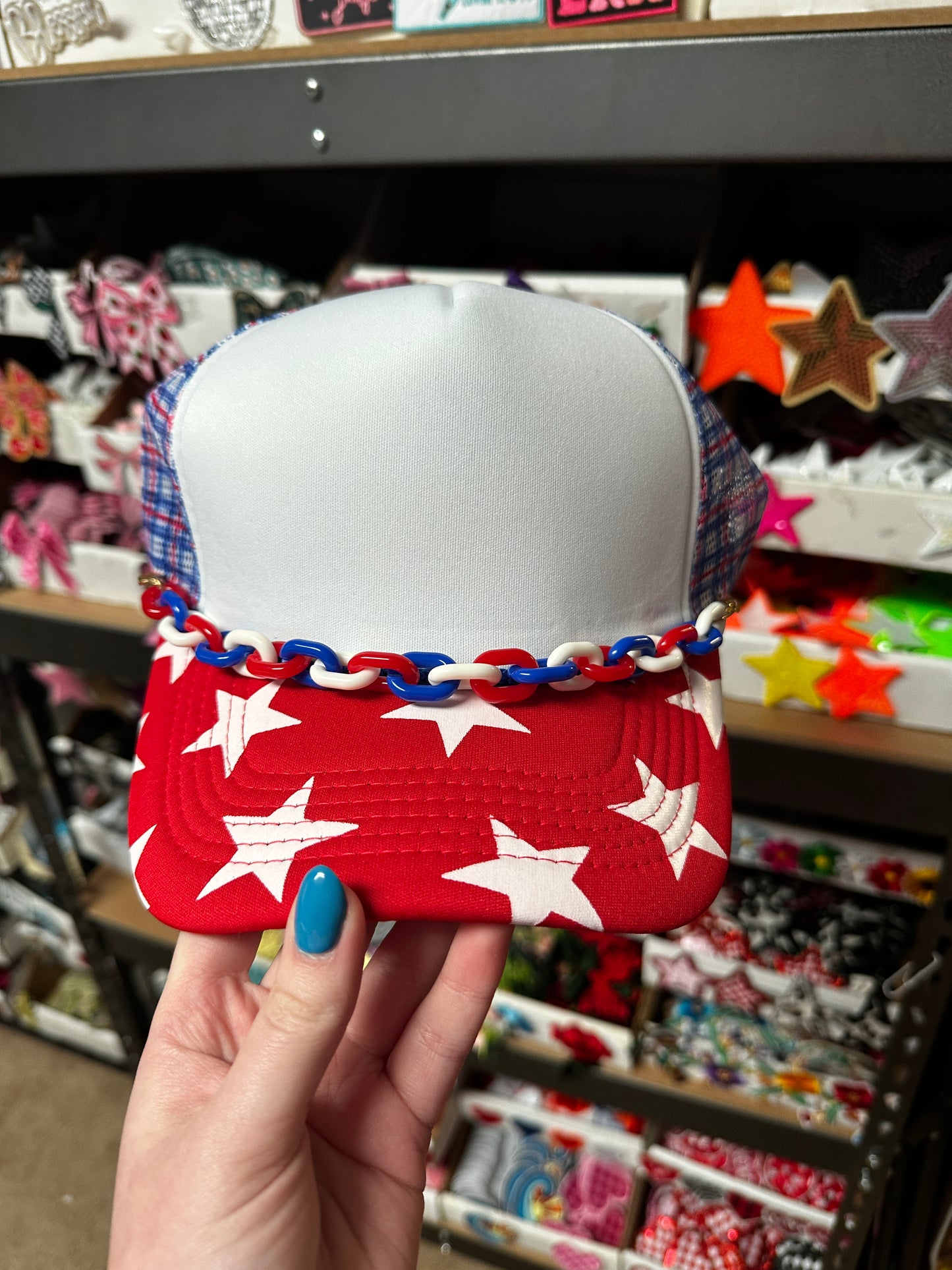Red White and Blue Hat Chunky Chain - Texas Transfers and Designs