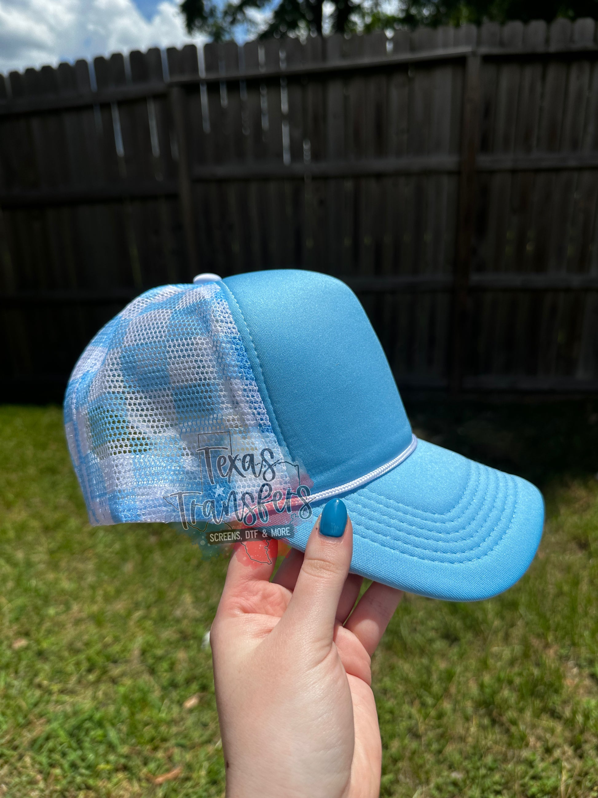 Light Blue Checker Back Trucker Hat - Texas Transfers and Designs