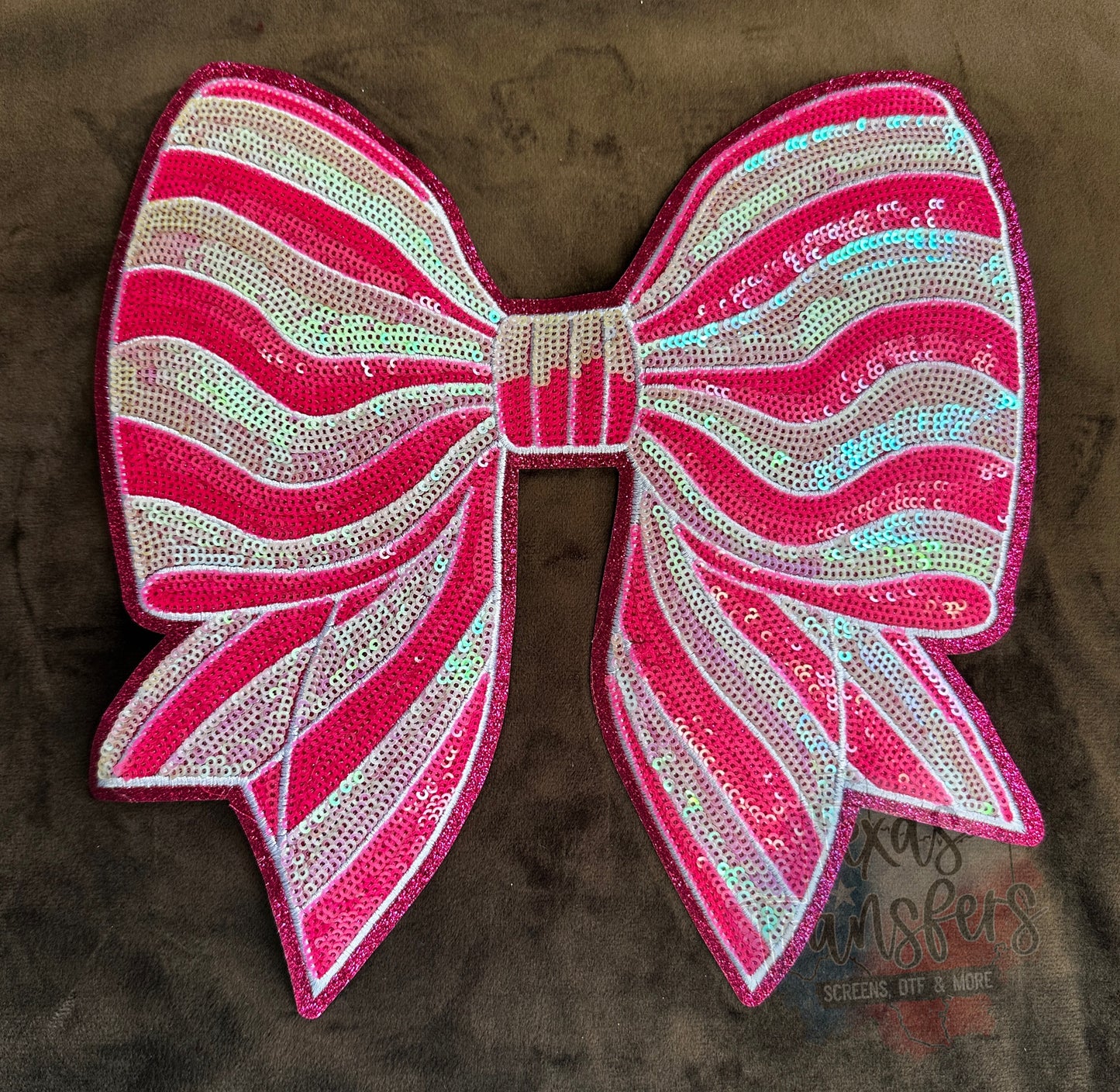 Candy Cane Bow (Pink) Sequin XL Iron-On Patch - Texas Transfers and Designs
