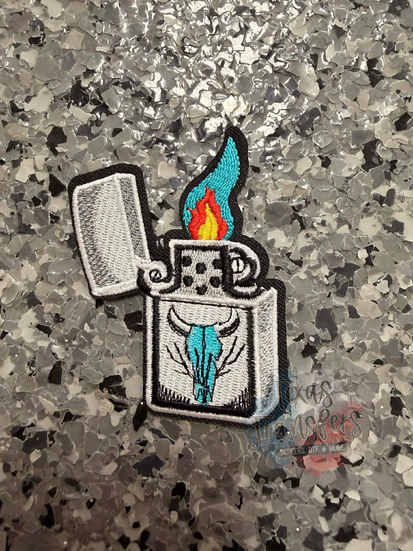 Blue Flame Lighter Iron-On Patch - Texas Transfers and Designs