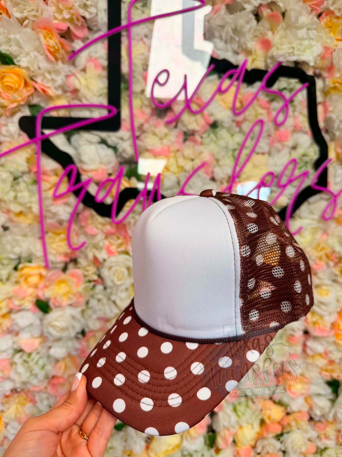 Brown and Hat Polka Dot Trucker Hat - Texas Transfers and Designs