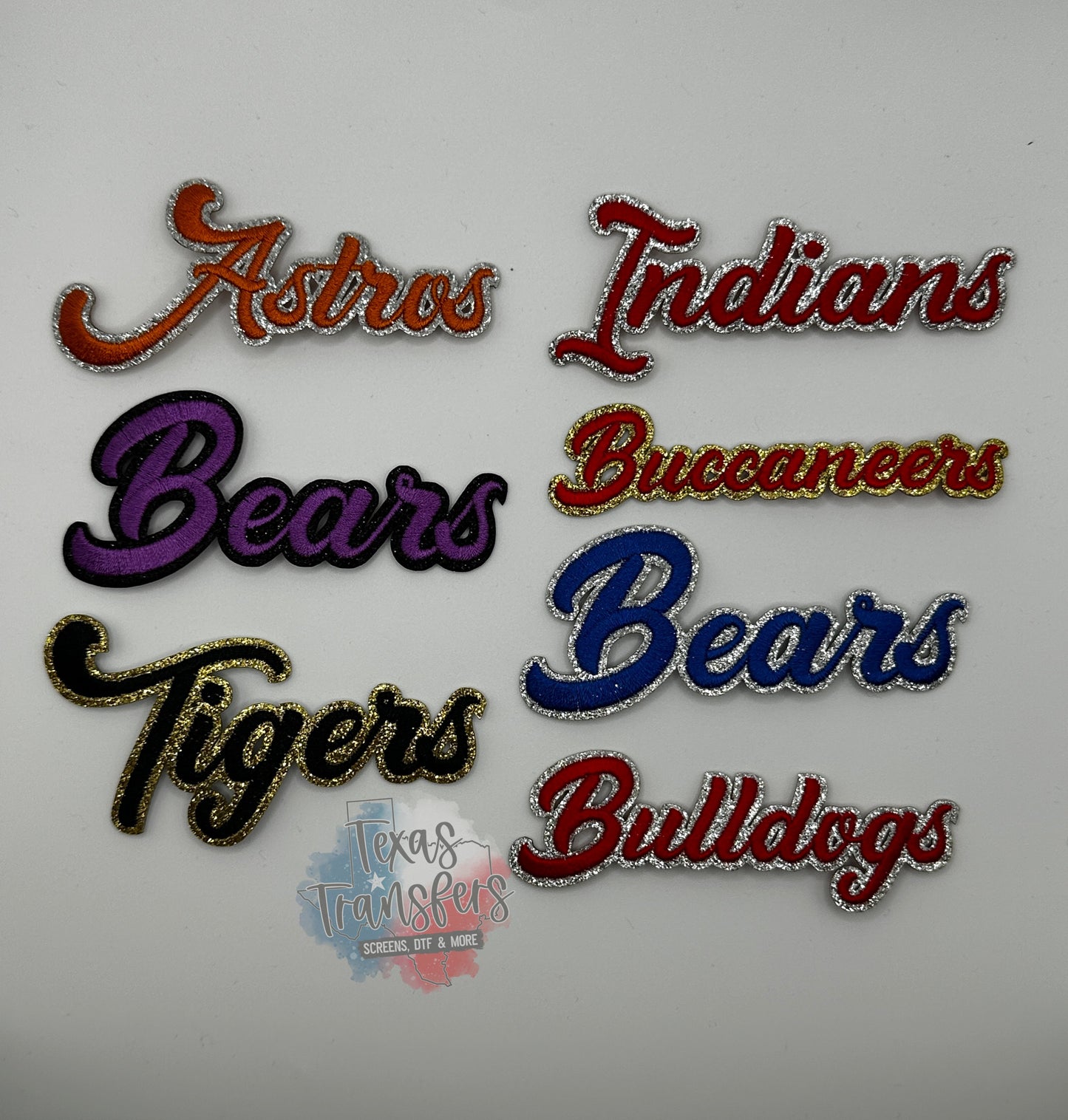Glitter Mascot CURSIVE Iron-On PATCH (Multiple Options) - Texas Transfers and Designs