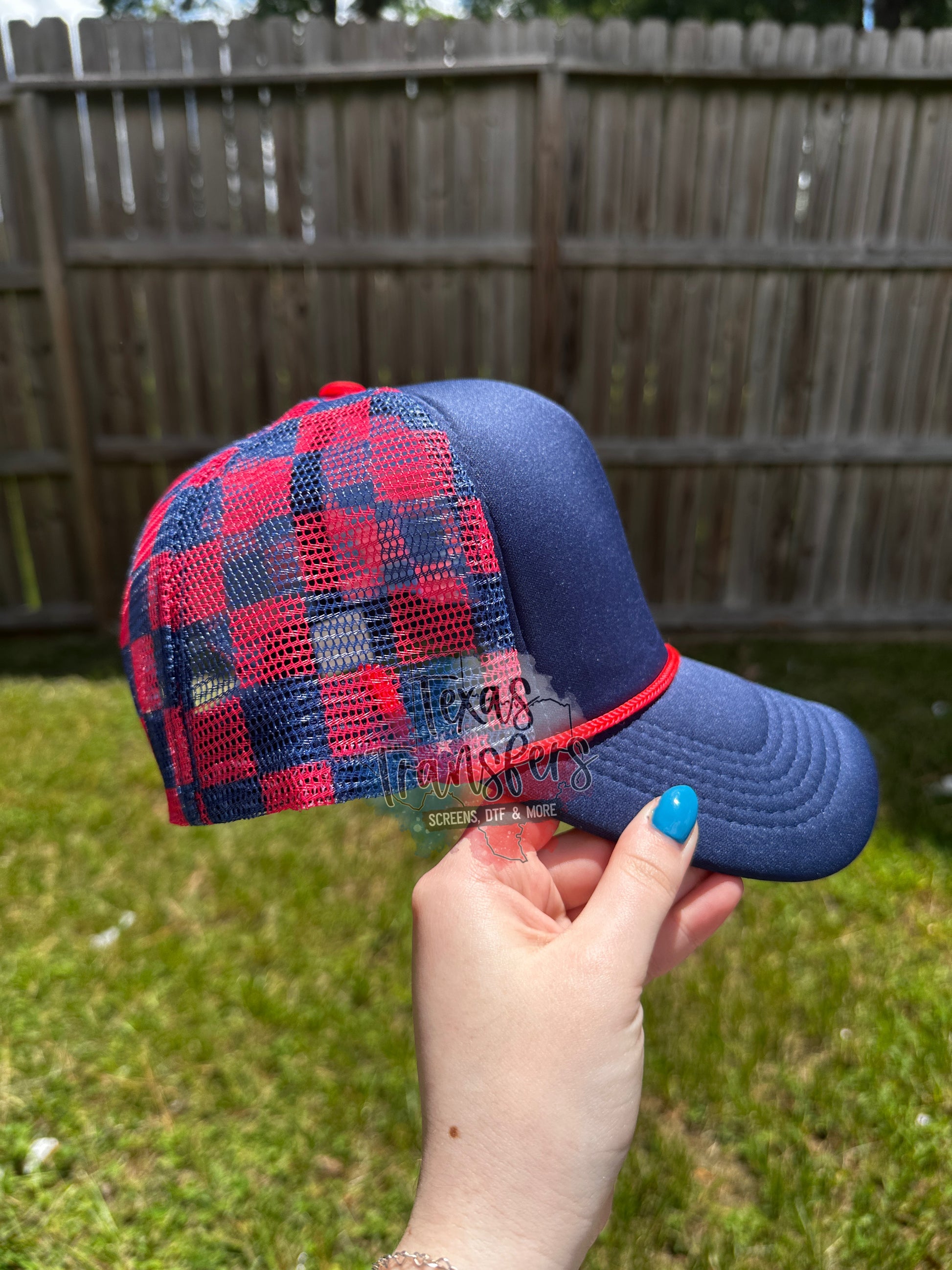 RESTOCK Arriving 9/5 Navy Blue/Red Checker Trucker Hat - Texas Transfers and Designs