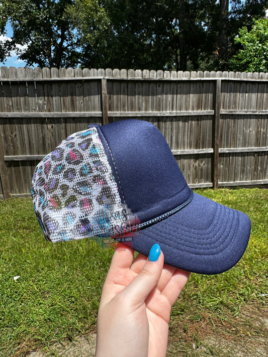 Navy/Colorful Leopard Trucker Hat - Texas Transfers and Designs