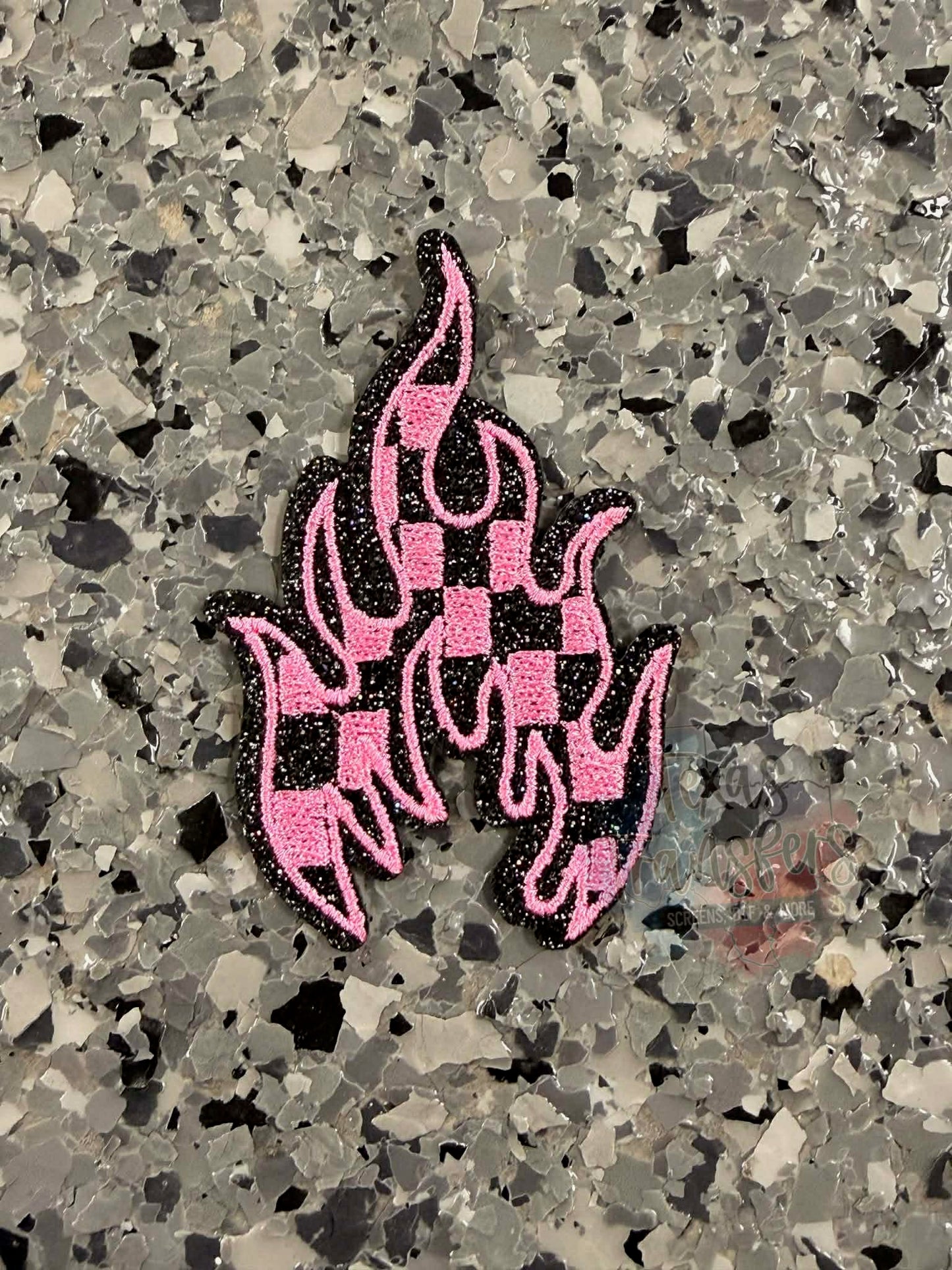 Pink and Black Checkered Flames Iron-On Patch - Texas Transfers and Designs