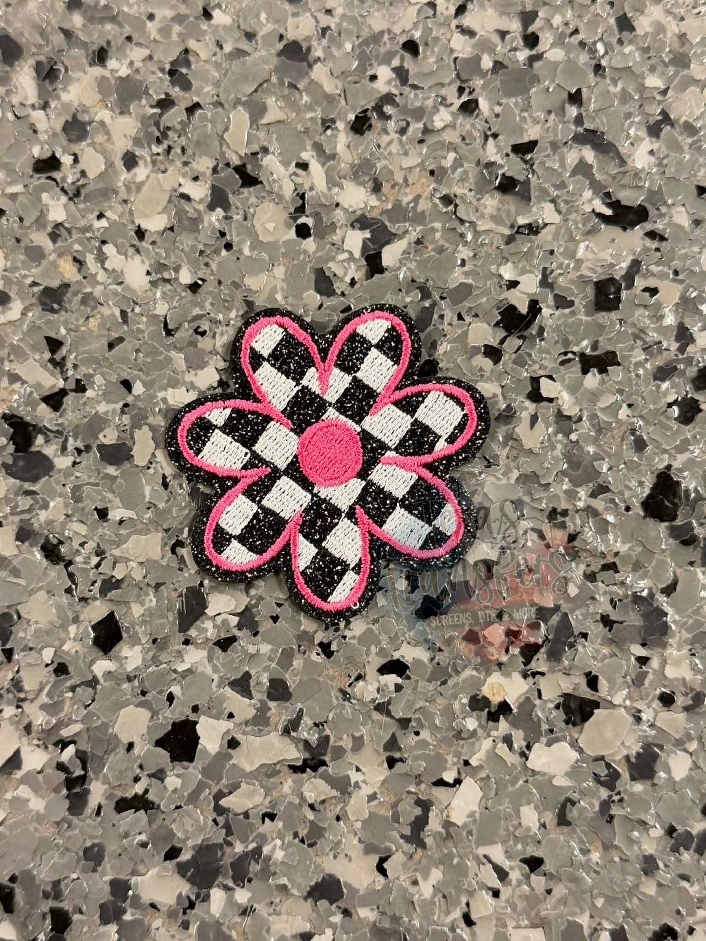 Pink and Black Checkered Daisy Iron-On Patch - Texas Transfers and Designs