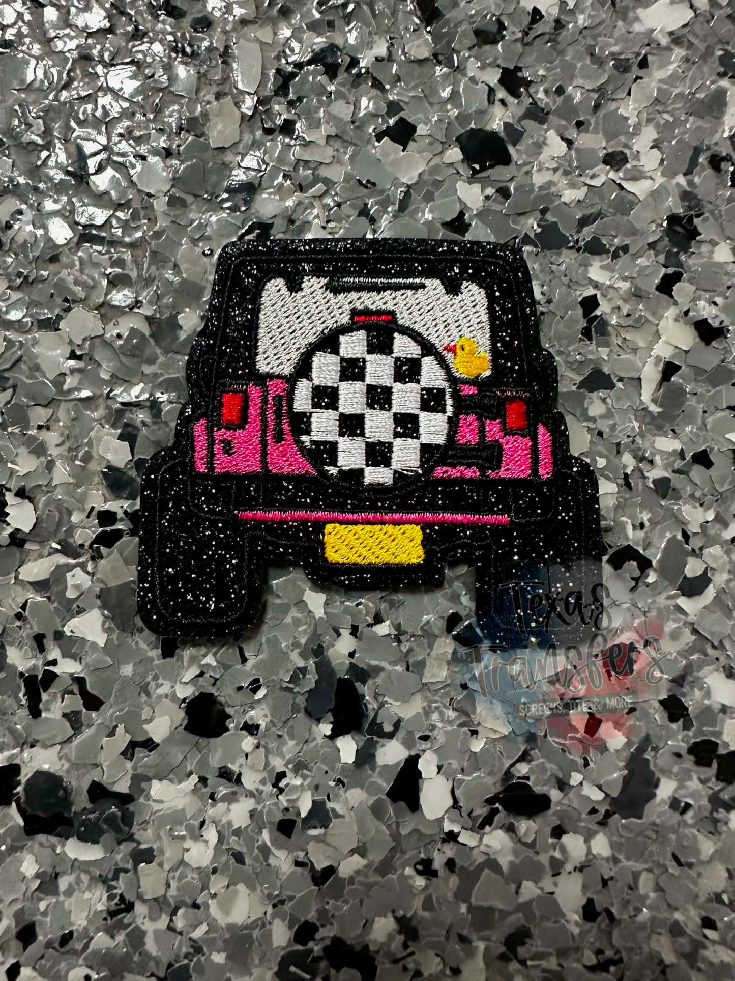 Glitter Pink Jeep with Duck Iron-On Patch - Texas Transfers and Designs