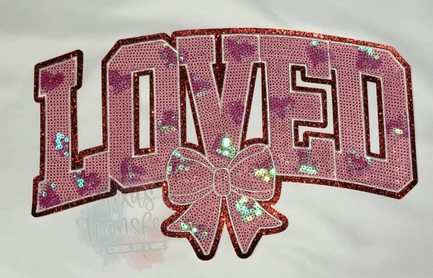 Loved Pink & Red Bow XL Iron-On Patch - Texas Transfers and Designs