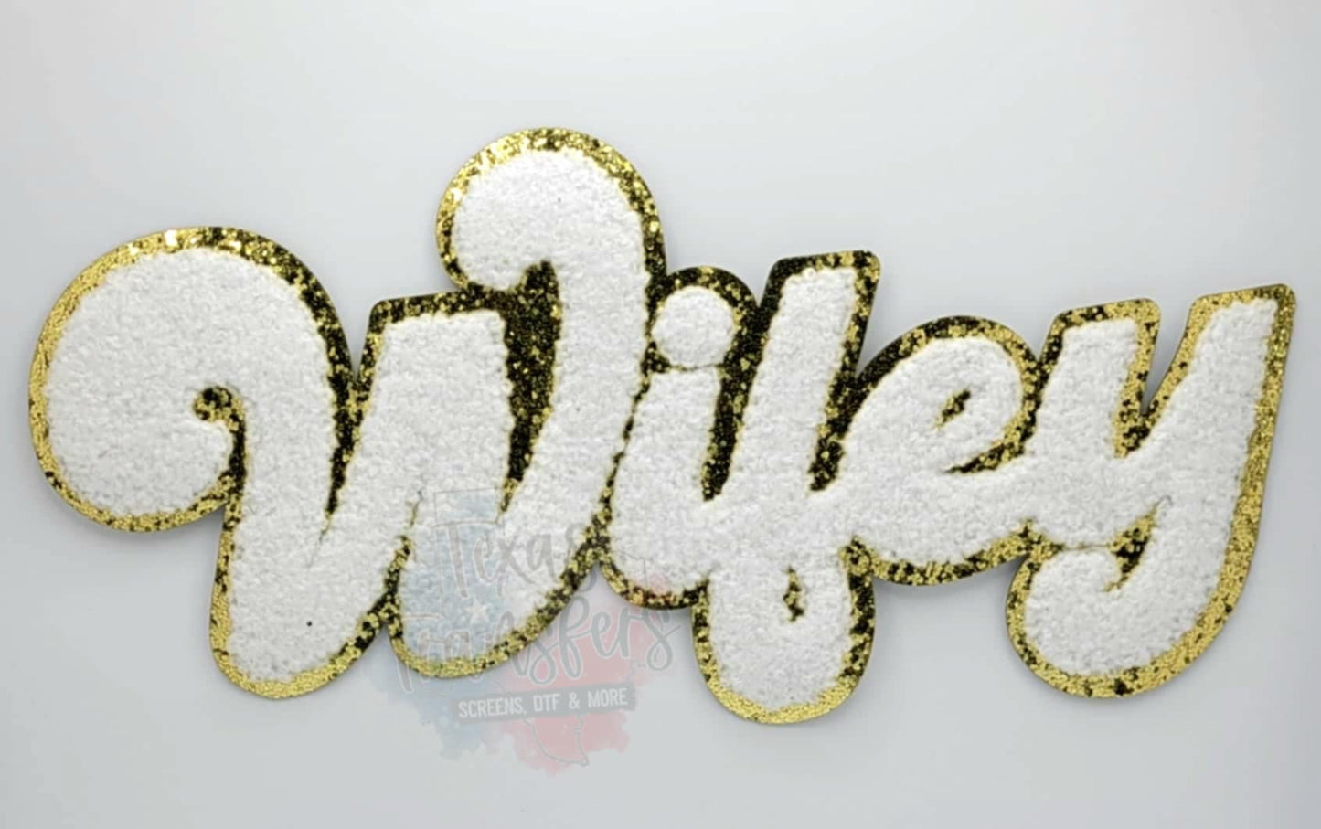 Chenille Wifey Gold & White Iron-On Patch - Texas Transfers and Designs