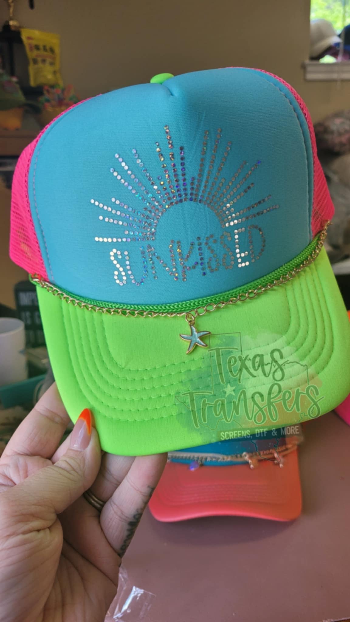 Gold Single Blue Starfish Hat Chain - Texas Transfers and Designs