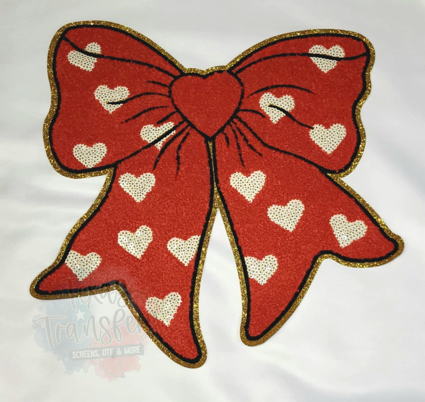 Red Bow w/ White Heart Sequin XL Iron-On Patch - Texas Transfers and Designs