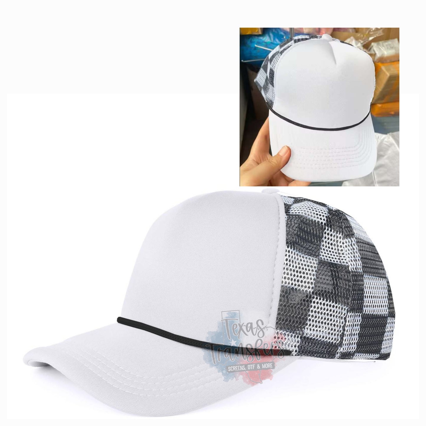 White Checker Trucker Hat - Texas Transfers and Designs