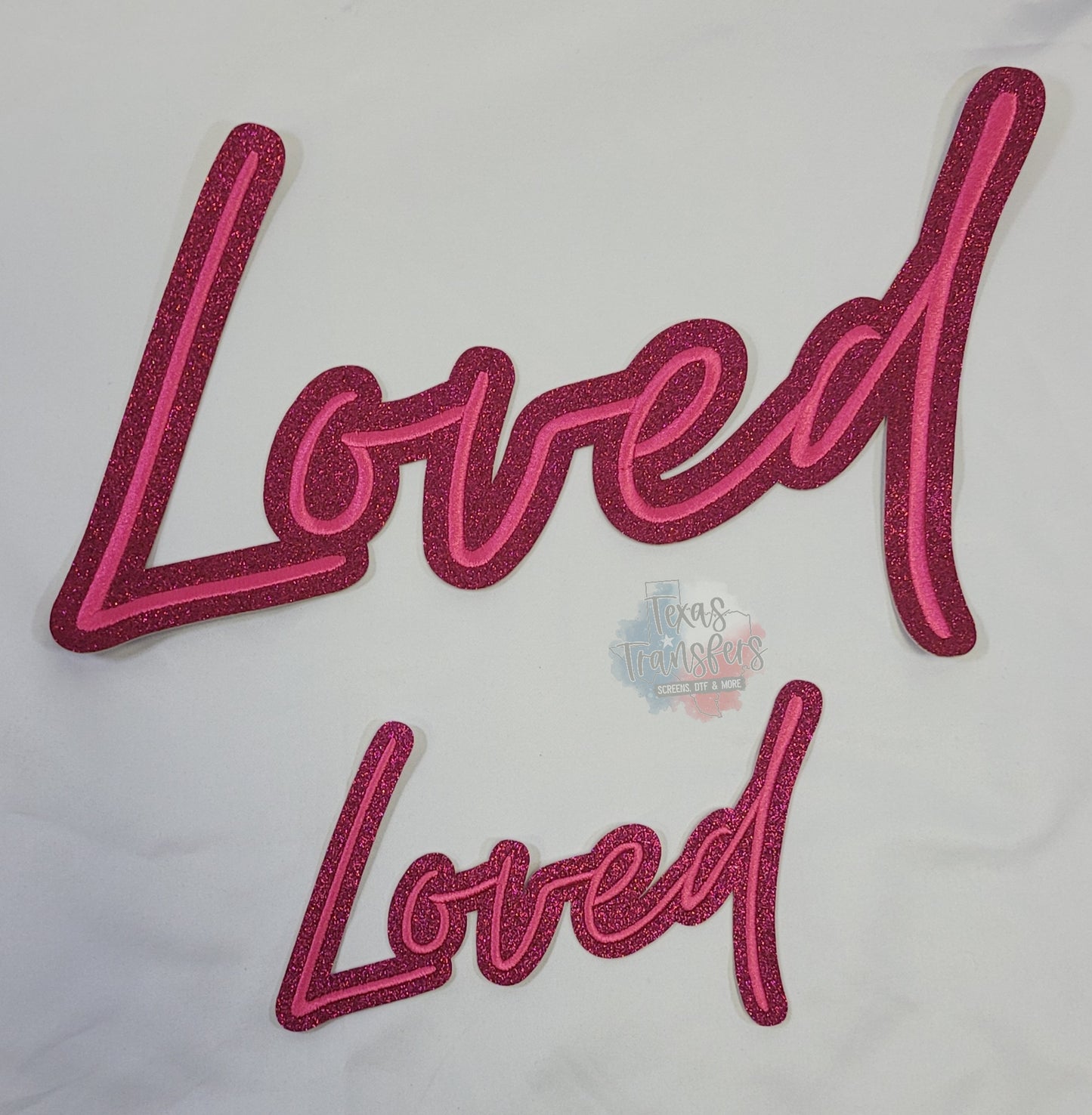 Pink Glitter Loved Iron-On Patch - Texas Transfers and Designs
