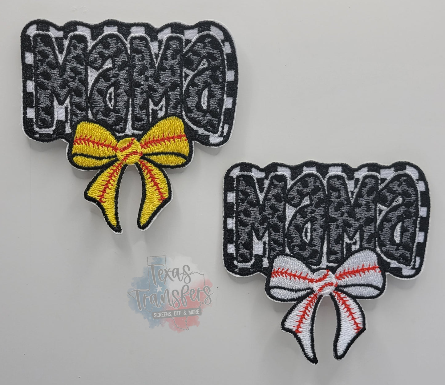 Softball/Baseball Mama Checkered Bow Iron-On PATCH - Texas Transfers and Designs