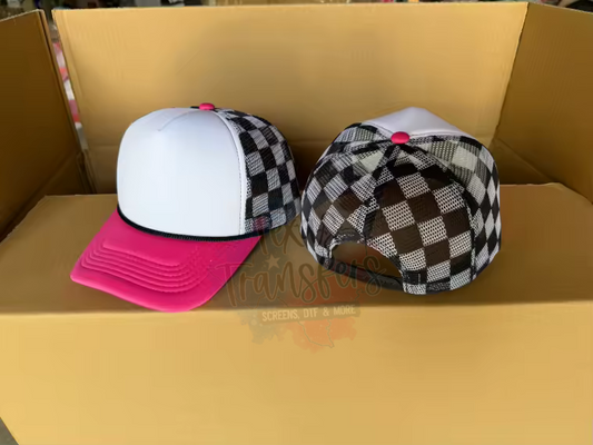 Pre-Order Arriving 5/9 Pink with Black Checker Trucker Hat - Texas Transfers and Designs