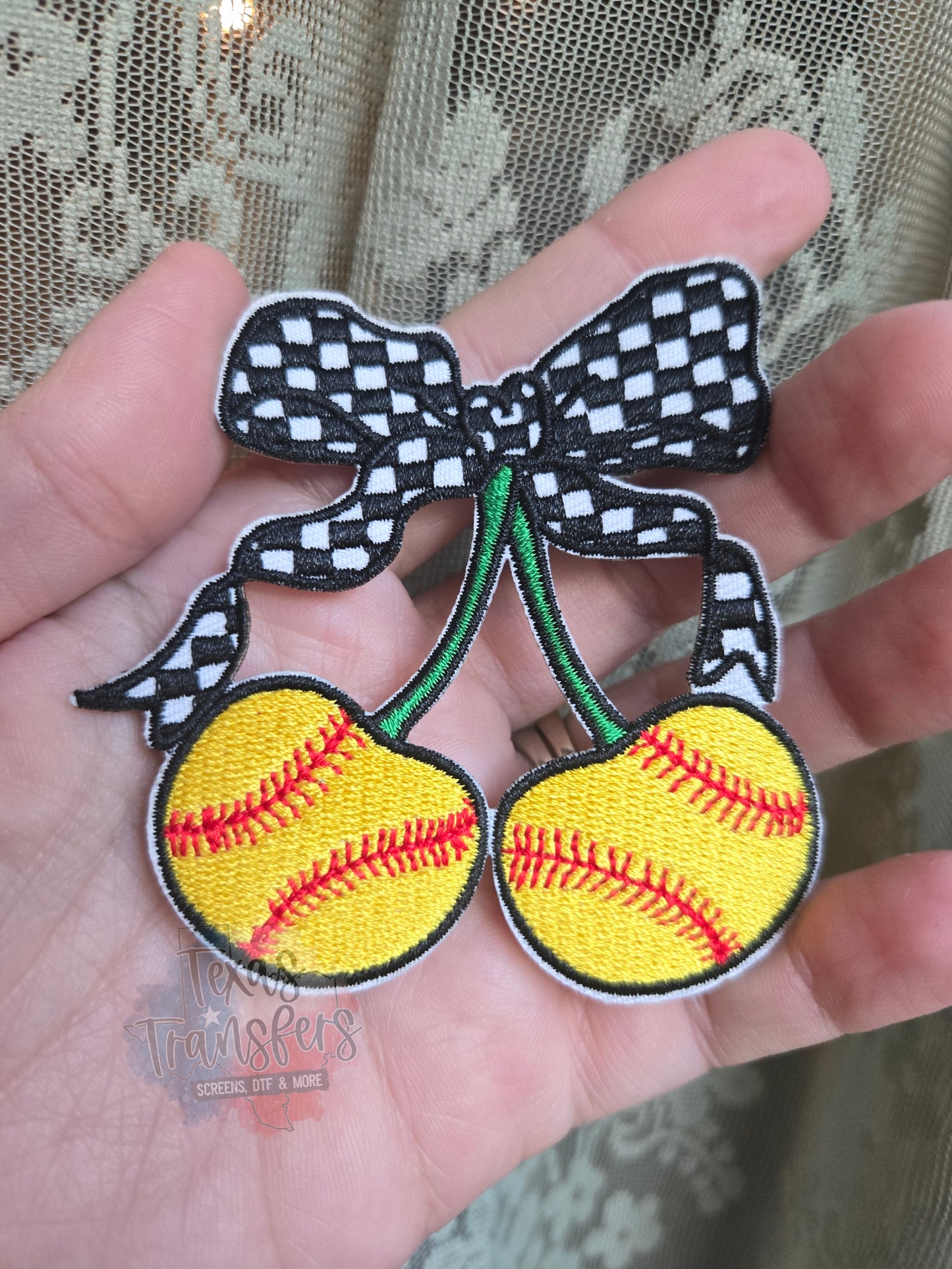 Softball Cherries Iron-On Patch - Texas Transfers and Designs