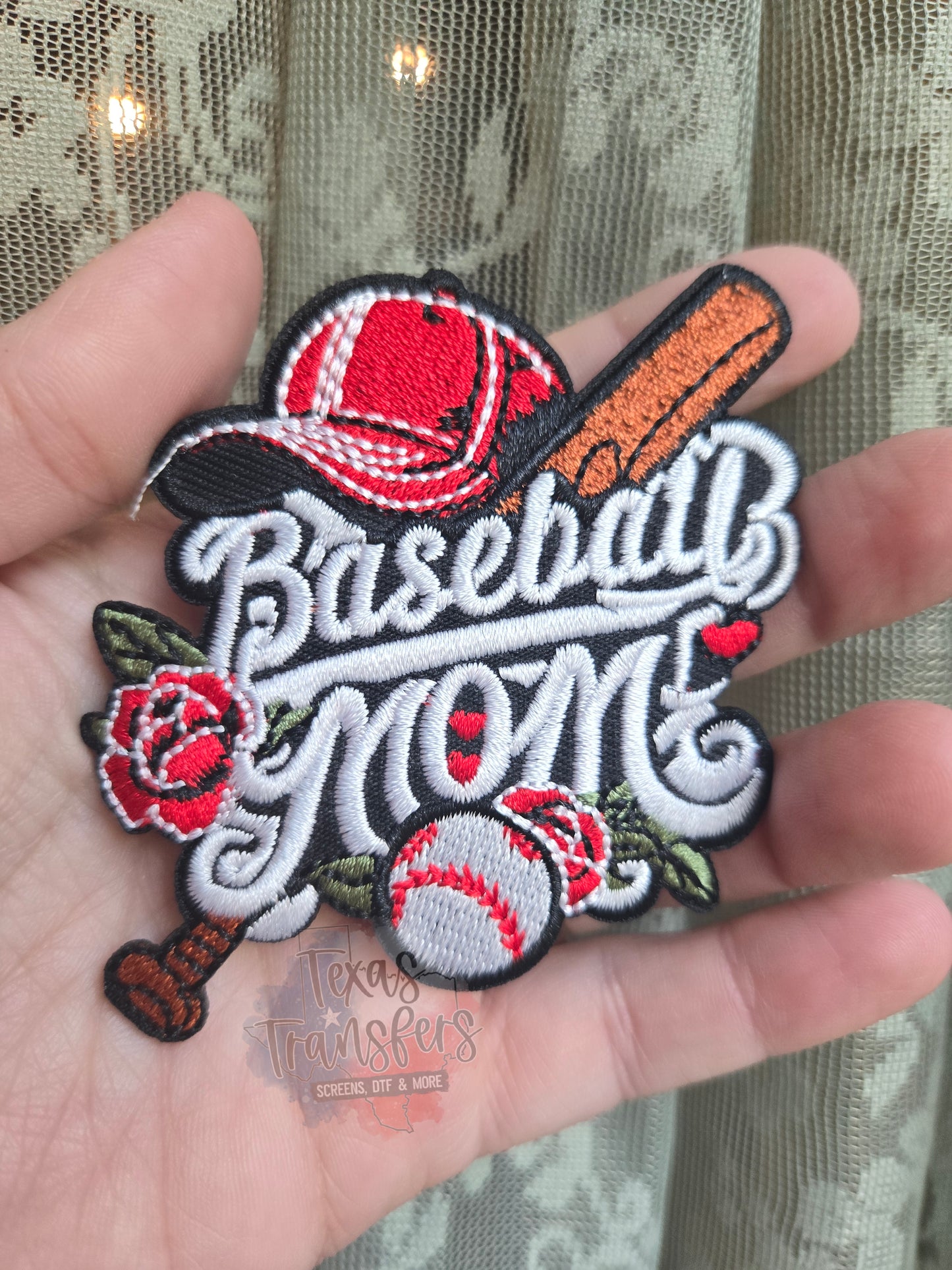 Baseball Mom Rose Iron-On PATCH - Texas Transfers and Designs