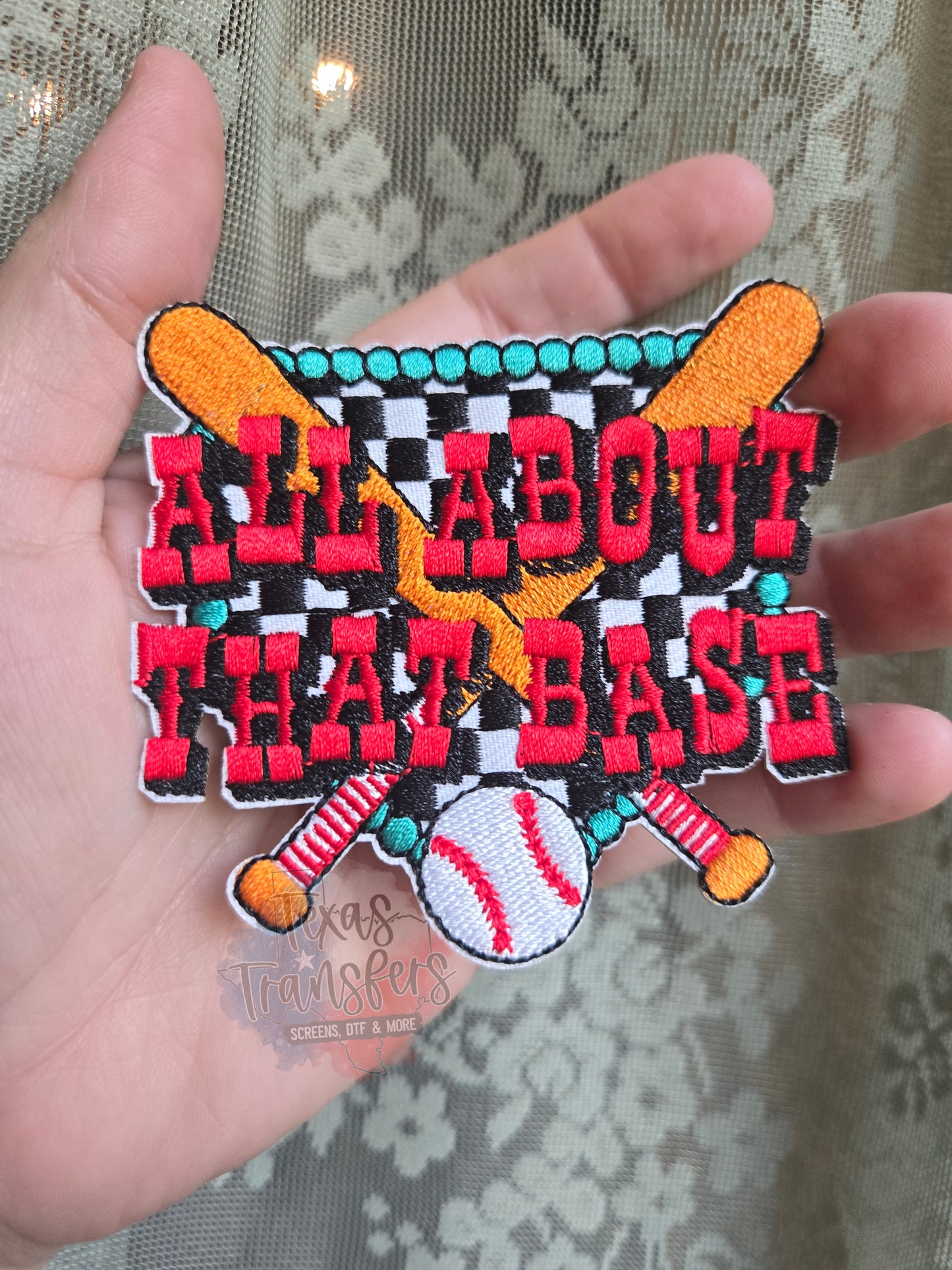 All About That Base Baseball Iron-On PATCH - Texas Transfers and Designs