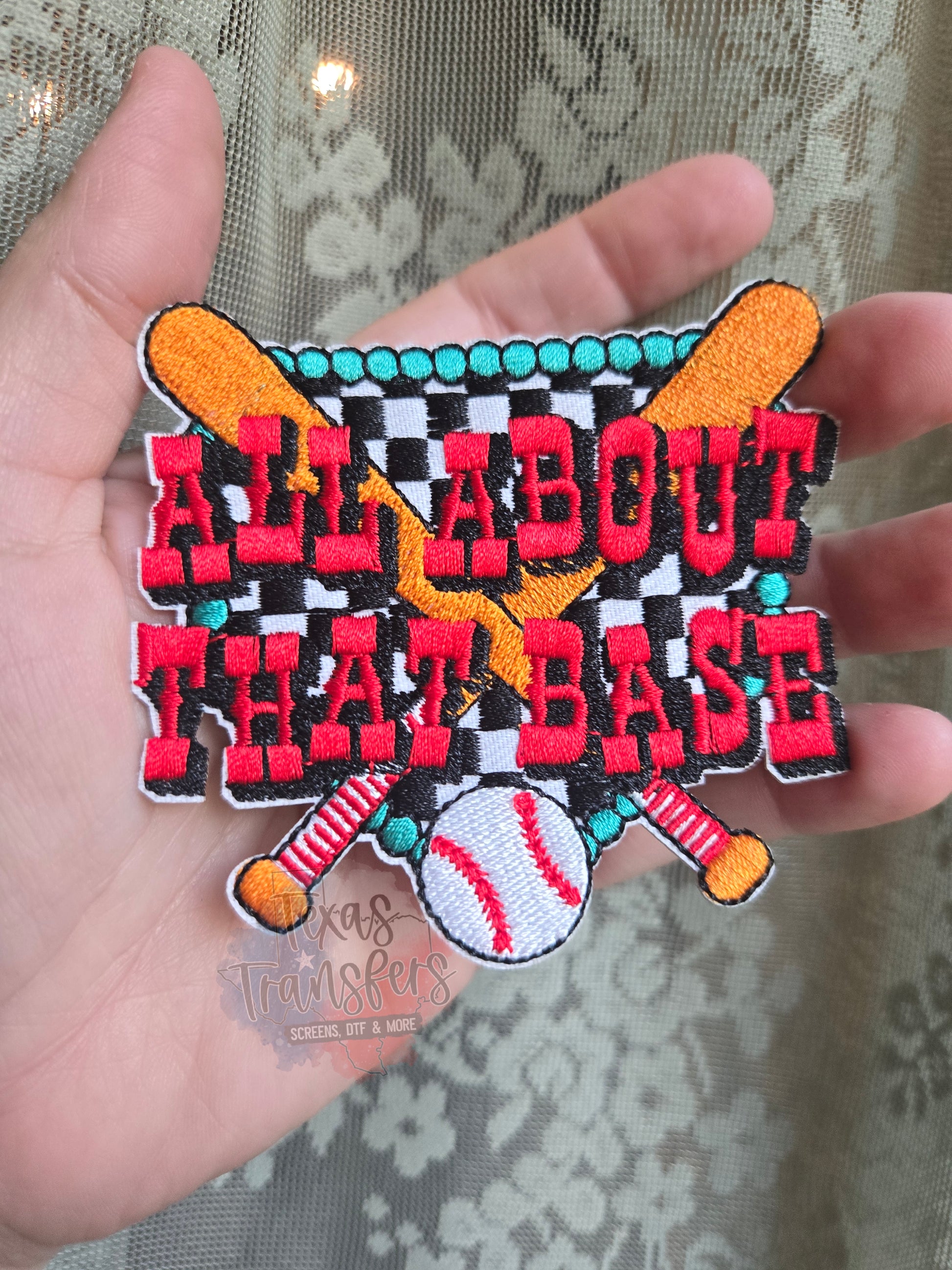 All About That Base Baseball Iron-On PATCH - Texas Transfers and Designs
