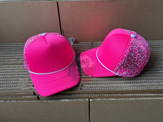 PRE-ORDER Arriving 5/9 Hot Pink Leopard Mesh Trucker Hat - Texas Transfers and Designs