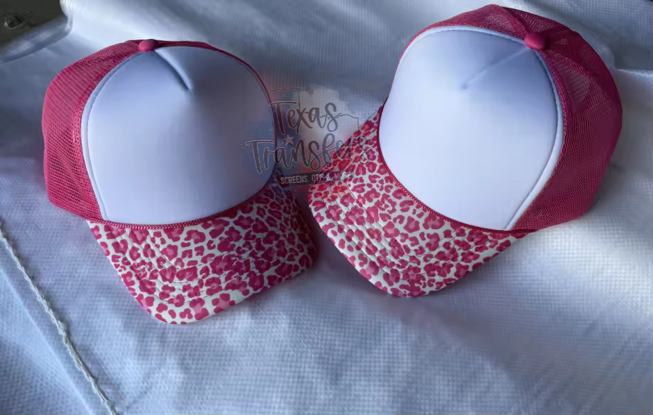PRE-ORDER Arriving 5/9 Pink/White Leopard Brim Trucker Hat - Texas Transfers and Designs