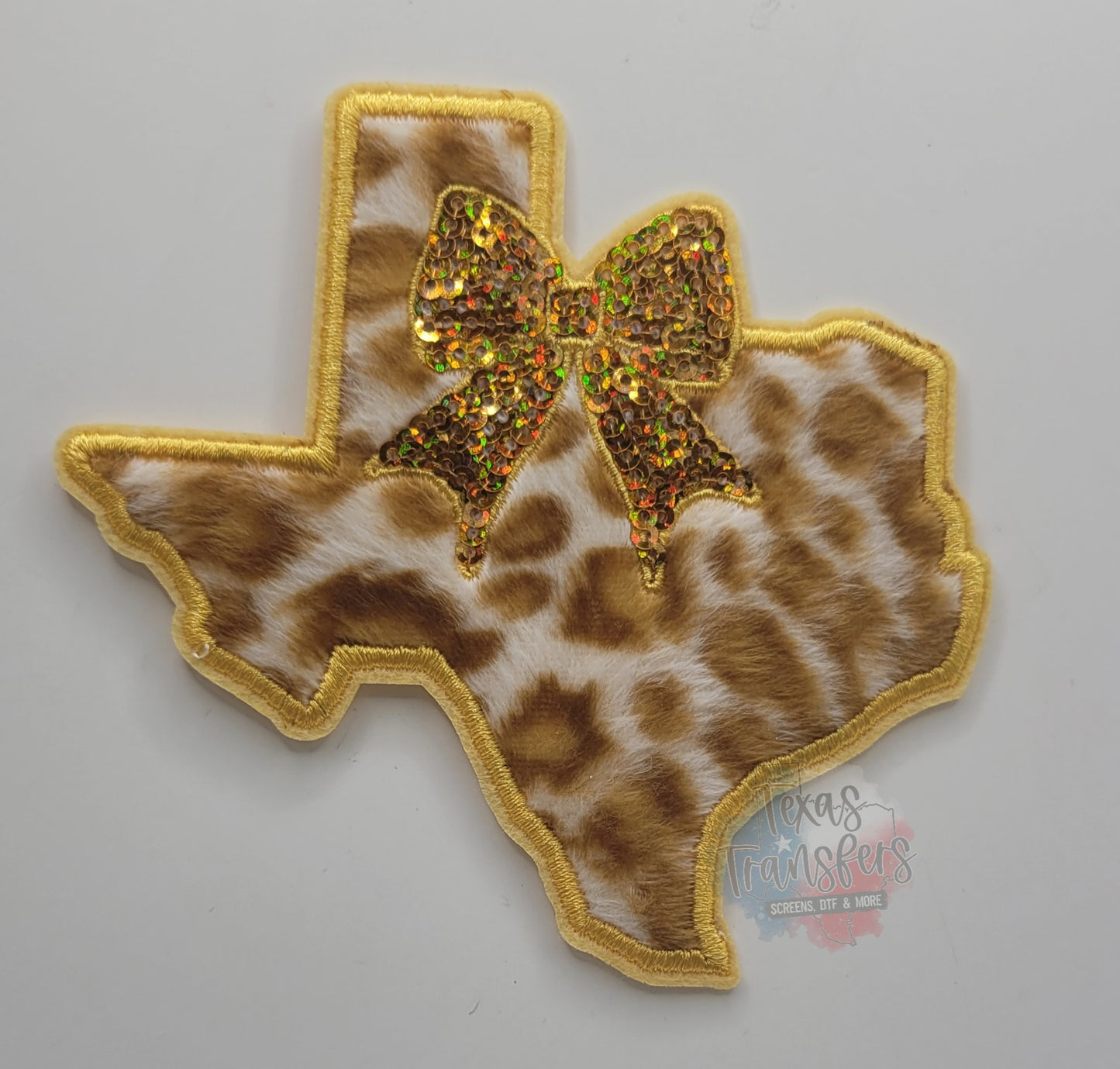 Leopard Texas W/ Sequin Bow Iron-On PATCH *DISCONTINUED* - Texas Transfers and Designs