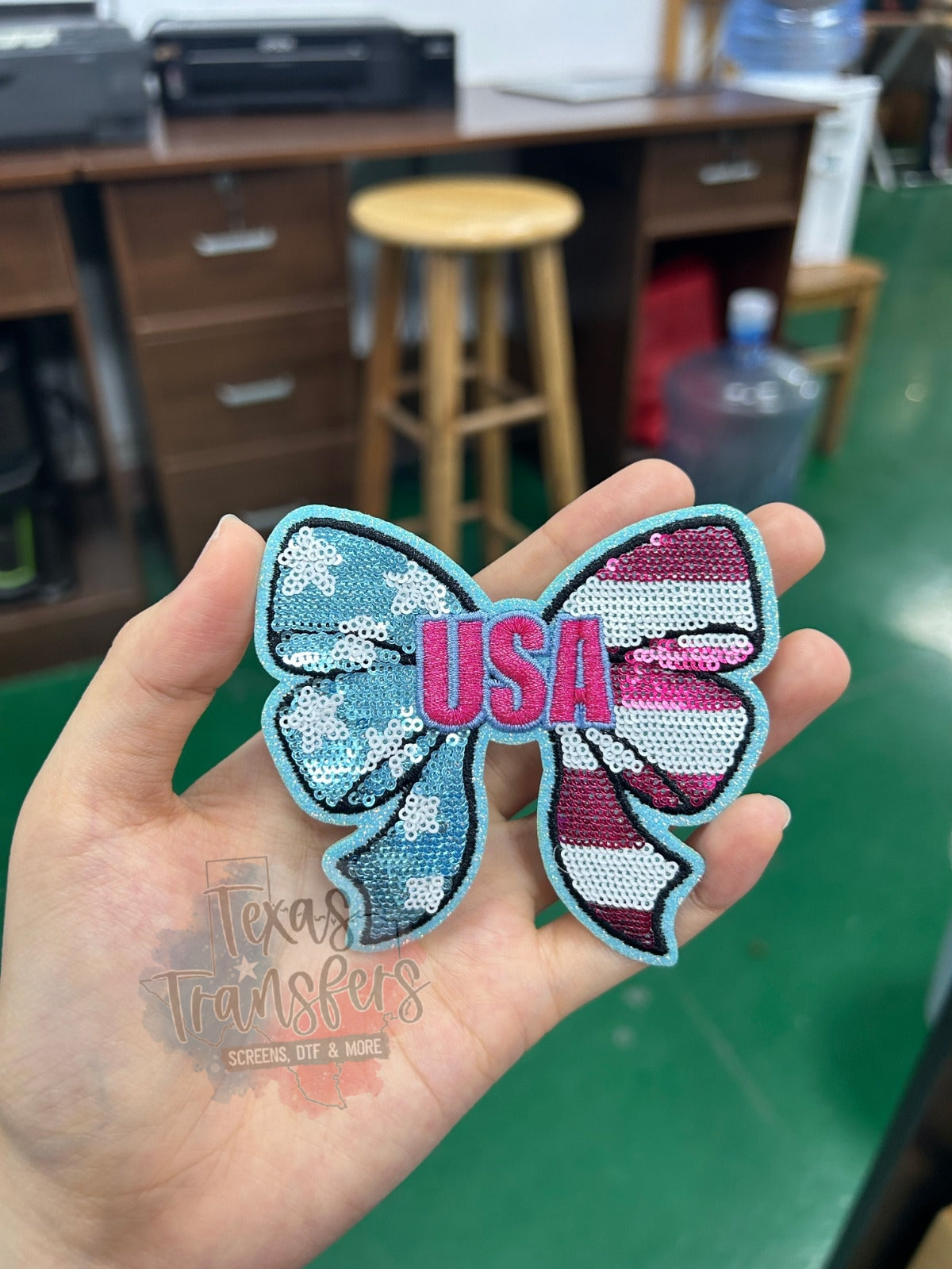 USA Glitter/Sequin Bow Iron-On PATCH - Texas Transfers and Designs