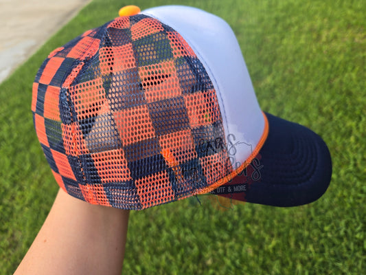 Navy/Orange Checker Trucker Hat - Texas Transfers and Designs