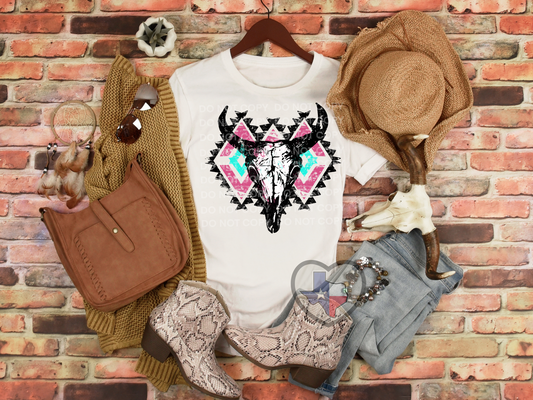 Aztec Bull Skull Pink DTF - Texas Transfers and Designs