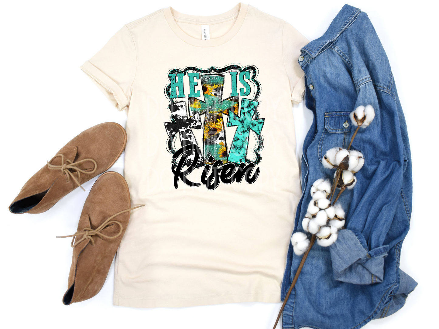 He Is Risen Turquoise Cross DTF - Texas Transfers and Designs