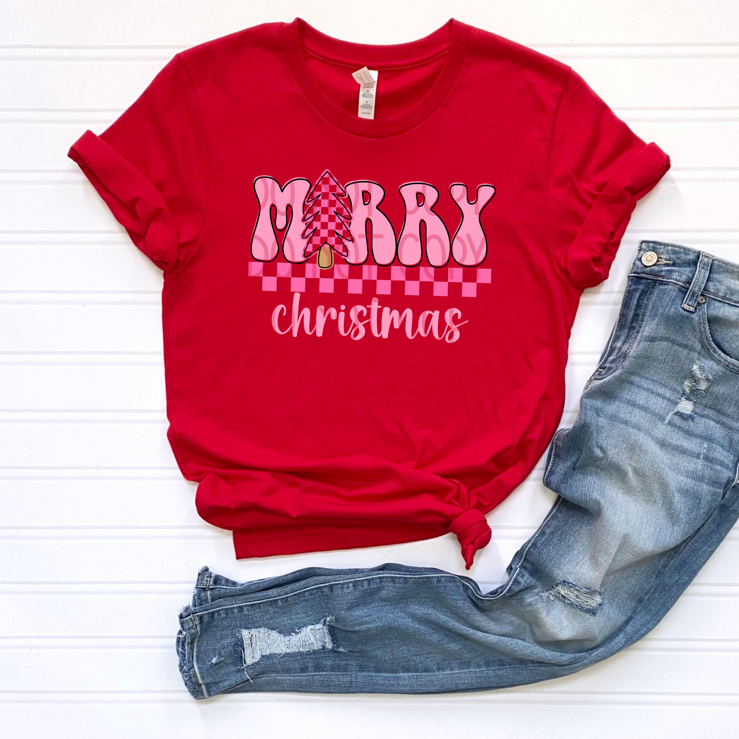 Merry Christmas (pink checker) DTF - Texas Transfers and Designs
