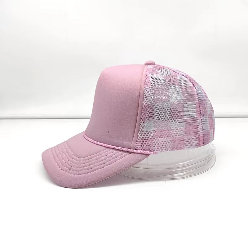 Light Pink Checker Back Trucker Hat - Texas Transfers and Designs
