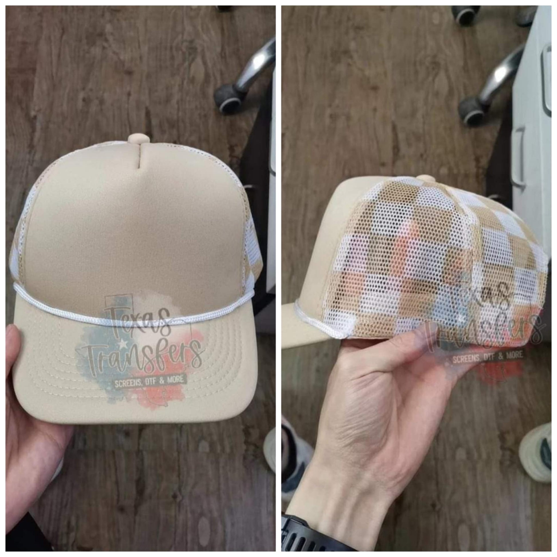 Tan Checker Trucker Hat - Texas Transfers and Designs