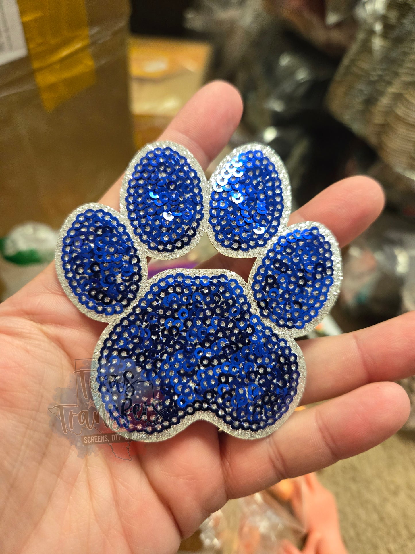 Blue Sequin Paw Iron-On PATCH - Texas Transfers and Designs