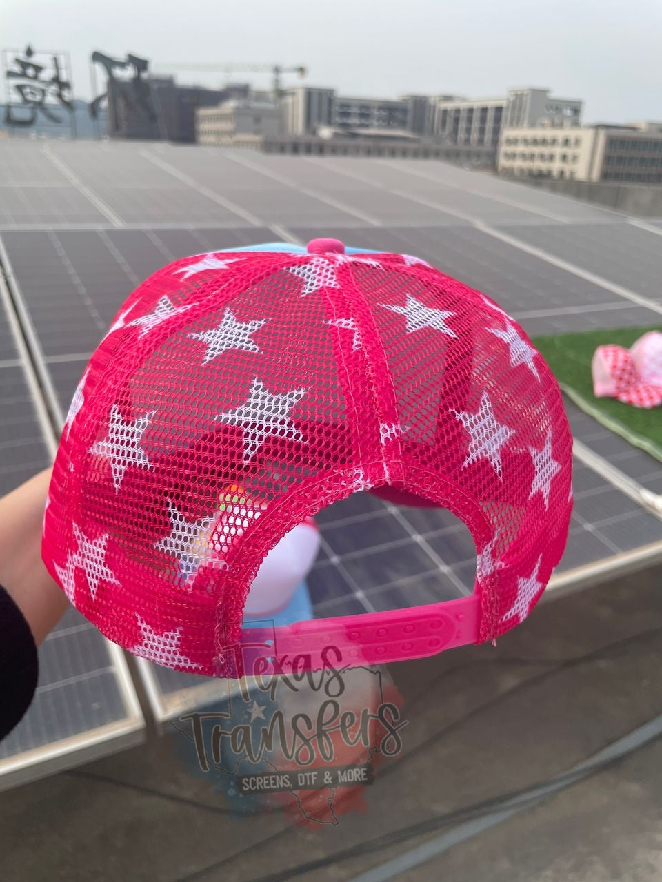 Hot Pink Star/Light Blue Trucker Hat - Texas Transfers and Designs